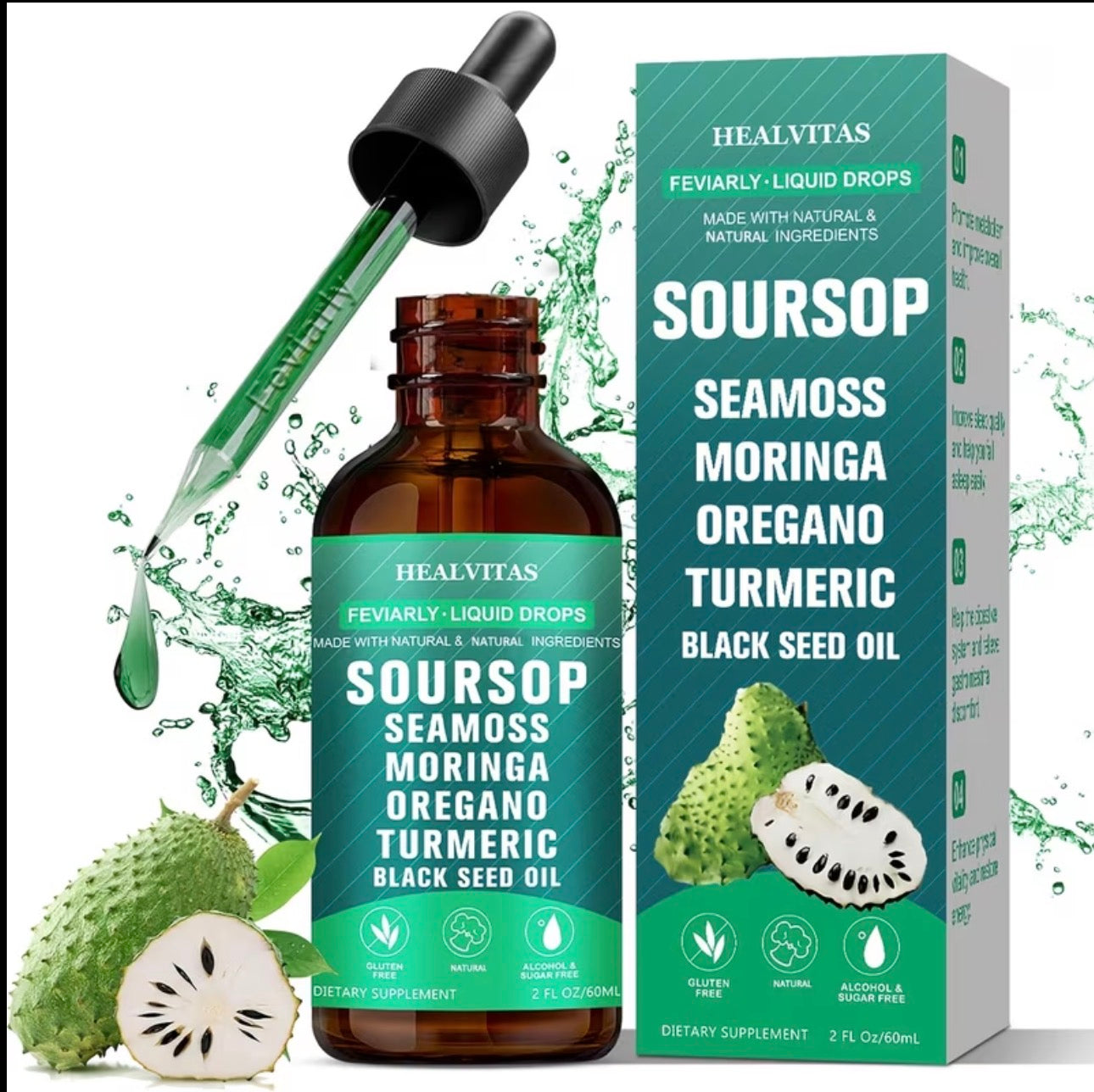 Gotero para mejorar la salud Hoja de guanábana, moringa, orégano, cúrcuma