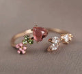 Anillo de cobre puro ajustable con diseño de corazón y flores